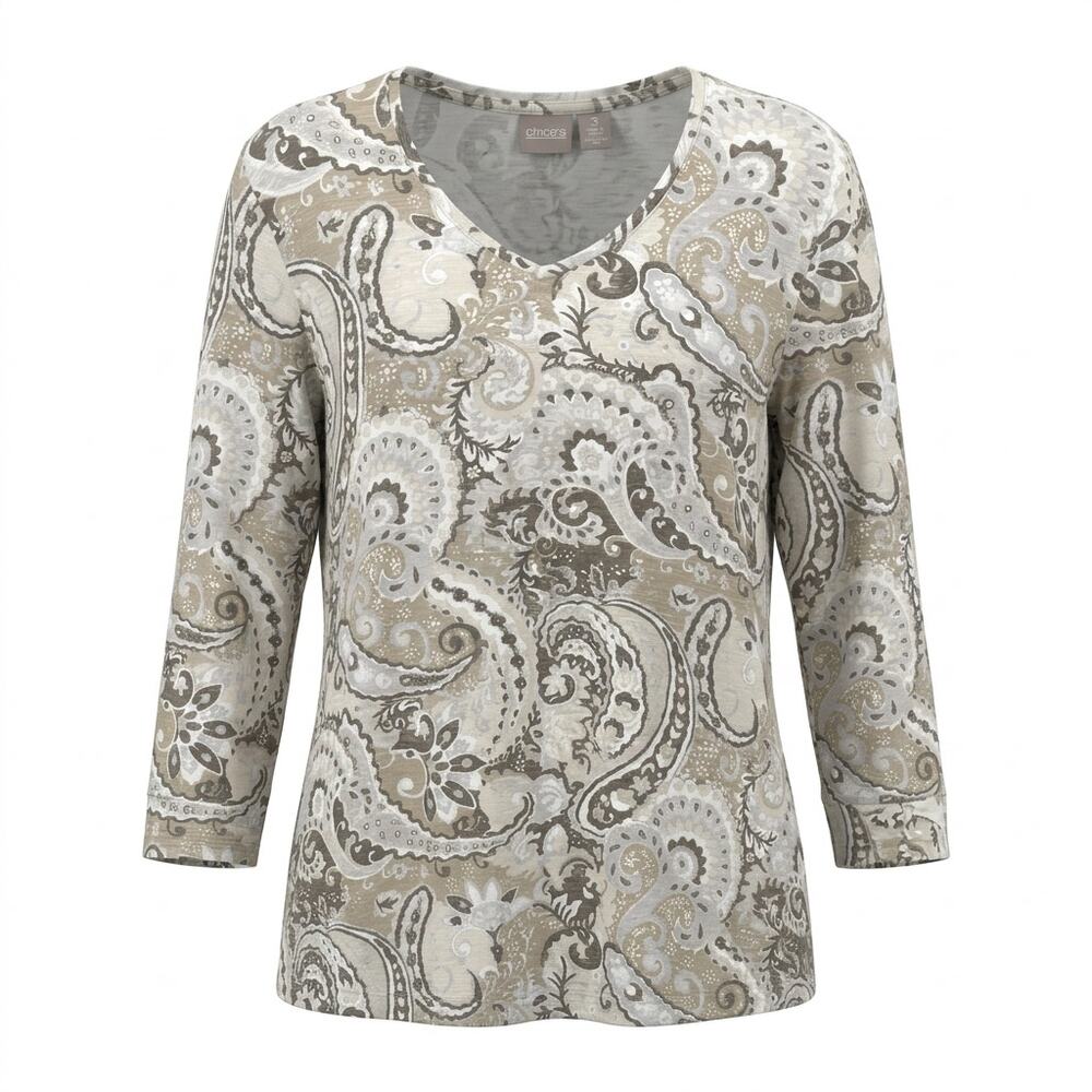 Chico's Beige Paisley V-Neck 3/4 Sleeve Stretch Knit Top Women Size 3
